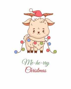 Cute Christmas goat cartoon wearing Santa hat and colorful lights with funny pun text on blue background