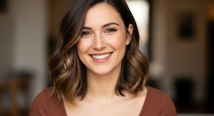 Fototapeta premium Smiling woman with brown hair looking at the camera.