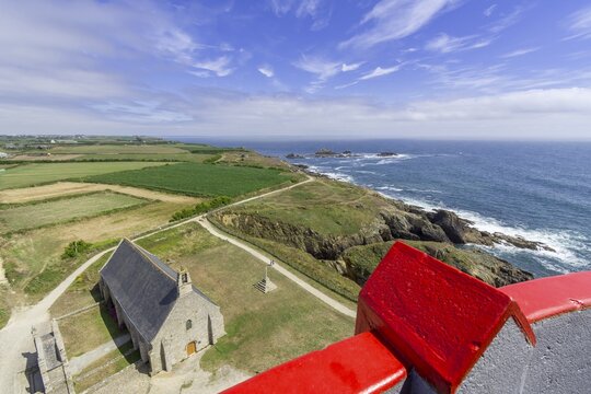 View from the lighthouse Saint Mathieu to the church Notre Dame des Graces, Plougonvelin, D&eacute;partement Finist&egrave;re, France