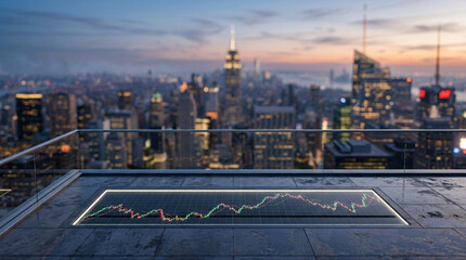 Naklejka premium Digital Trading Interface Displayed On Rooftop Surface In Financial District
