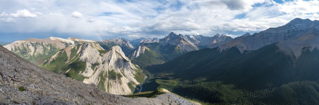 Mountain landscape with river valley and peaks, rainbow, peaks with orange sulphur deposits, Overturn Mountain, panoramic view, Nikassin Range, near Miette Hotsprings, Sulphur Skyline, Jasper National Park, Alberta, Canada