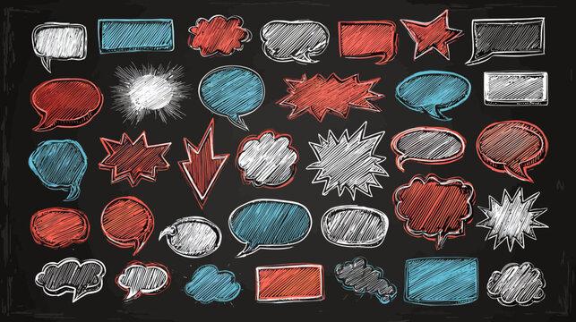 Hand-drawn chalk speech bubbles and thought balloons set on a dark chalkboard background. Communication, comic dialogue, scribble design elements.