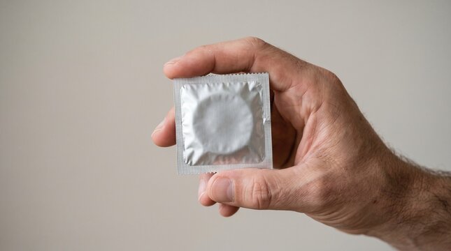 STI Awareness Concept &ndash; Hand Holding Condom with Neutral Background, Safe Sex Message