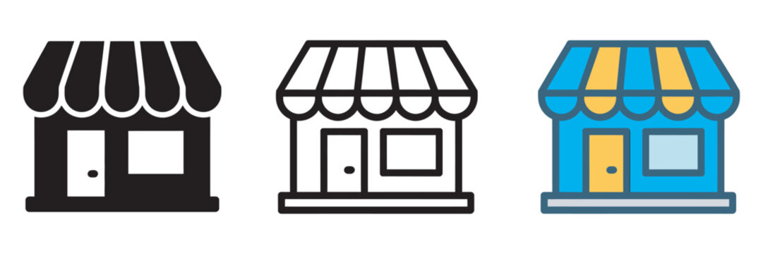 Shop storefront icon set, store retail boutique market awning sales small business outline flat colored vector illustration icon collection isolated