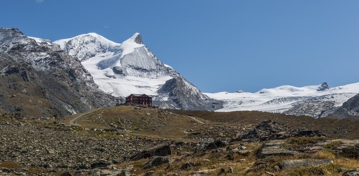 Snow-covered Findelgletscher, Fluhalp mountain lodge, Valais, Switzerland