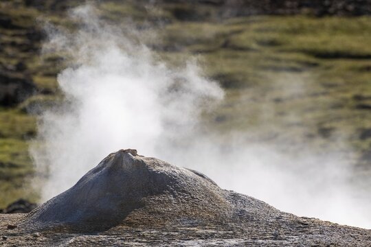 Steaming hot spring &Ouml;skjuh&ouml;ll or &Ouml;skurh&oacute;lhver, high temperature area or geothermal area Hveravellir, Kj&ouml;lur, Highlands, Iceland