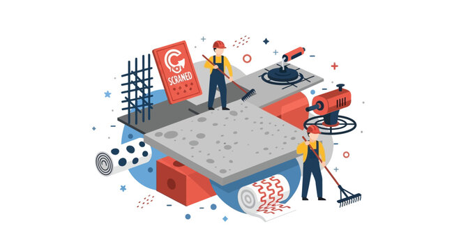 Isometric Vector Illustration of Professional Construction Workers Leveling Concrete Slabs with Building Materials, Tools, and Industrial Equipment