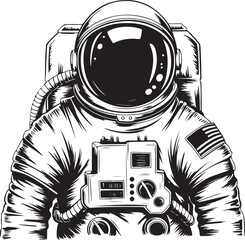 Astronaut in a space suit exploring a barren moon landscape with craters and mountains, black and white line art illustration of cosmic adventure and White Space Explorer Design © BULBULI