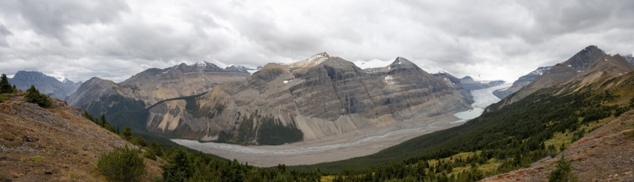 View in valley with glacier tongue, Parker Ridge, Saskatchewan Glacier, Athabasca Glacier, Jasper National Park National Park, Canadian Rocky Mountains, Alberta, Canada