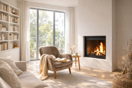 Cozy living room with a fireplace and natural light ambiance