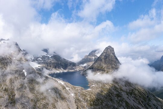 View of lake Bispevatnet and mountain Bispen, aerial view, Trollstigen, M&oslash;re og Romsdal, Norway