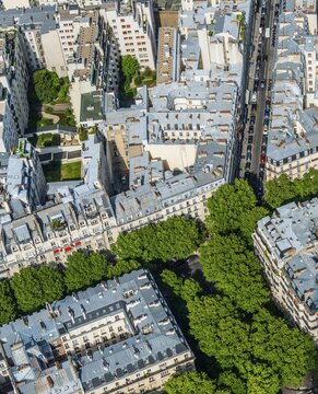 View of houses and streets from Eiffel Tower, 7th arrondissement, Paris, Ile-de-France, France
