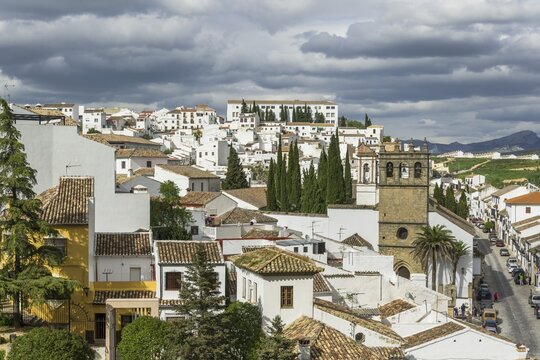 Townscape with the church Iglesia Padre Jesus, from the Casa del Rey Moro, Ronda, Malaga province, Andaluc&iacute;a, Spain