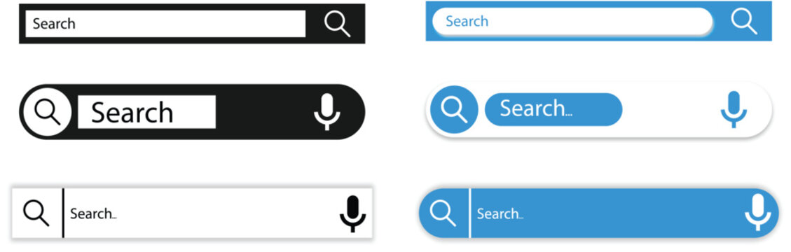 search bar and search button. Set of modern search bar UI elements with magnifying glass and voice search icons. Various Search Box Design Elements