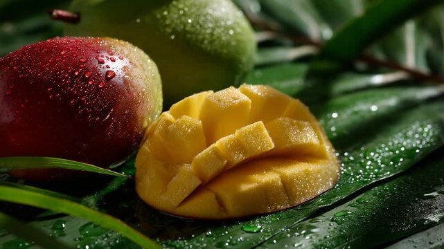 Mango close-up with water droplets on leaves