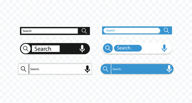 search bar and search button. Set of modern search bar UI elements with magnifying glass and voice search icons. Various Search Box Design Elements