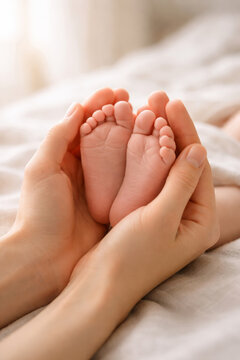 Newborn baby feet held gently in caring hands