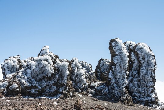Roque de los Muchachos, rock formations covered with ice, La Palma, Canary Islands, Spain