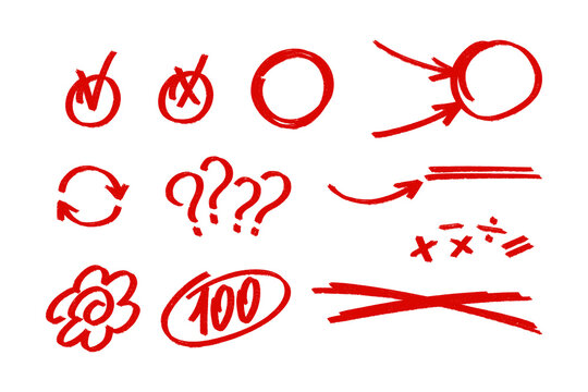 Collection of red marker doodles, check marks, circles, and mathematical signs. Educational correction elements and 100 score mark isolated on white. Crayon exam marks, chalk test marks.