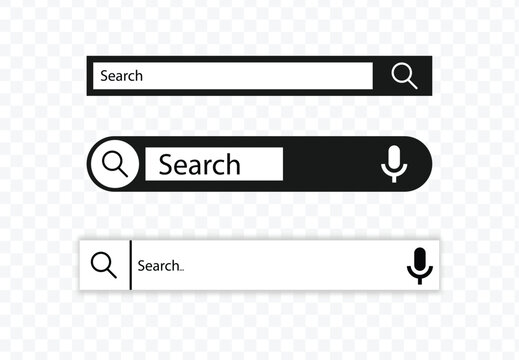 search bar and search button. Set of modern search bar UI elements with magnifying glass and voice search icons. Various Search Box Design Elements