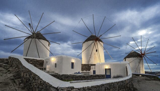 White Cycladic house with windmills, at dusk, Mykonos, Cyclades, Aegean Sea, Greece