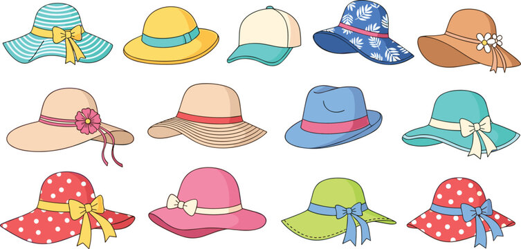 Collection of colorful summer hat vectors for women including sun hats straw hats fedoras and baseball caps with bows isolated on white background.