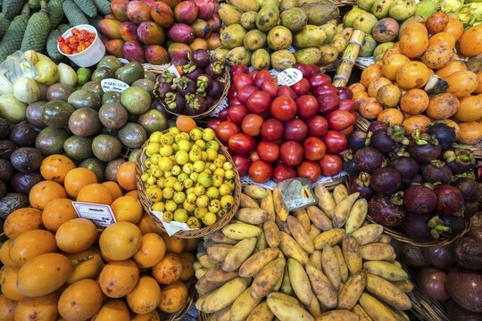 Exotic fruit stall, market, indoor market, Mercado dos Lavradores, Funchal, Madeira, Portugal