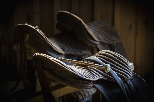 Old saddles, L&yacute;tingssta&eth;ir, North Iceland, Iceland