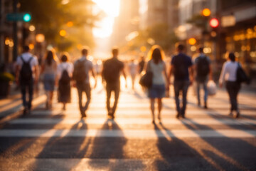 Fototapeta premium Group of people walking across street during sunset glow