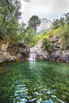 Upper course of the river Solenzara, large churn hole with waterfall in the forest, Corsica, France