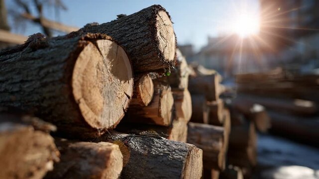 Stacked logs in snowy forest landscape