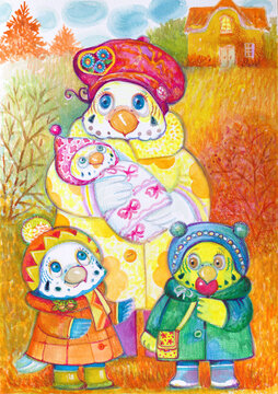 perroquet  famille  bebe kids aquarelle artwork 