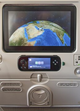 Screen showing the flight position Dubai at seat in aircraft, Emirates airline, interior view, Dubai, United Arab Emirates