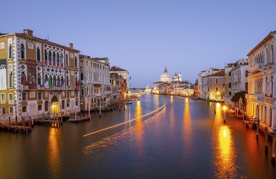 Evening atmosphere, view from the Ponte dell'Accademia to the Grand Canal and the Basilica Santa Maria della Salute, Venice, Veneto, Italy
