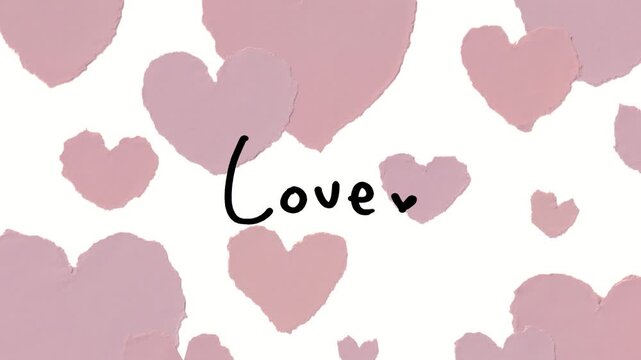 バレンタインやウェディング向け大人可愛いピンクのちぎり絵風ハートと手書きのLoveの文字・点滅する強調記号のアニメーション