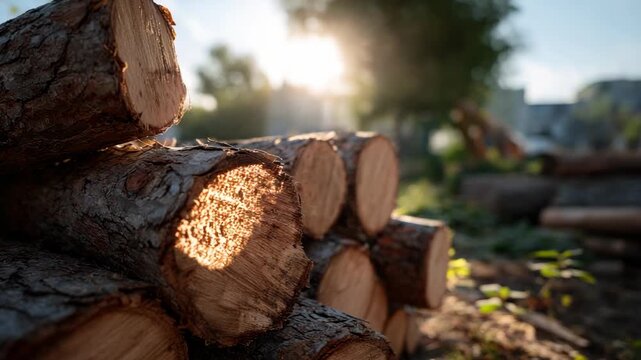 Sunlight shining through stacked firewood logs
