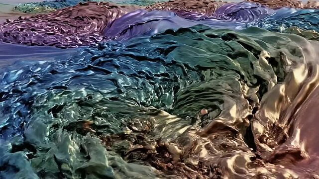 Wide angle shot of colorful fluid waves moving in slow motion, simulation-style animation, smooth gradients, soft lighting, immersive cinematic composition, 4K ProRes 4444.