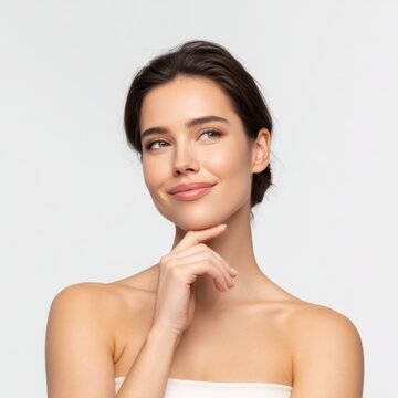 Smiling woman with bare shoulders displaying confidence while thinking creatively in a bright and minimalist studio setting
