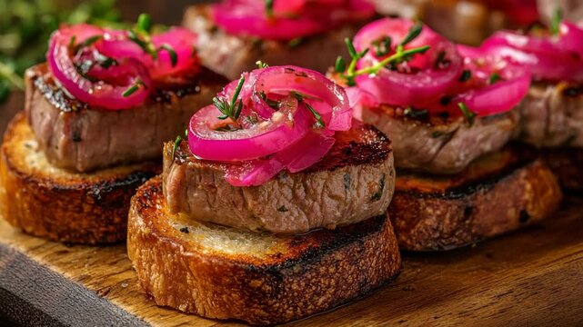 selective focus crispy bruschetta topped with smooth liver p&acirc;t&eacute; pickled onions fresh herbs