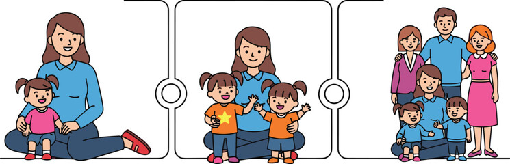 Obraz premium Family growth stages vector illustration with mother children and multigenerational family portrait sequence
