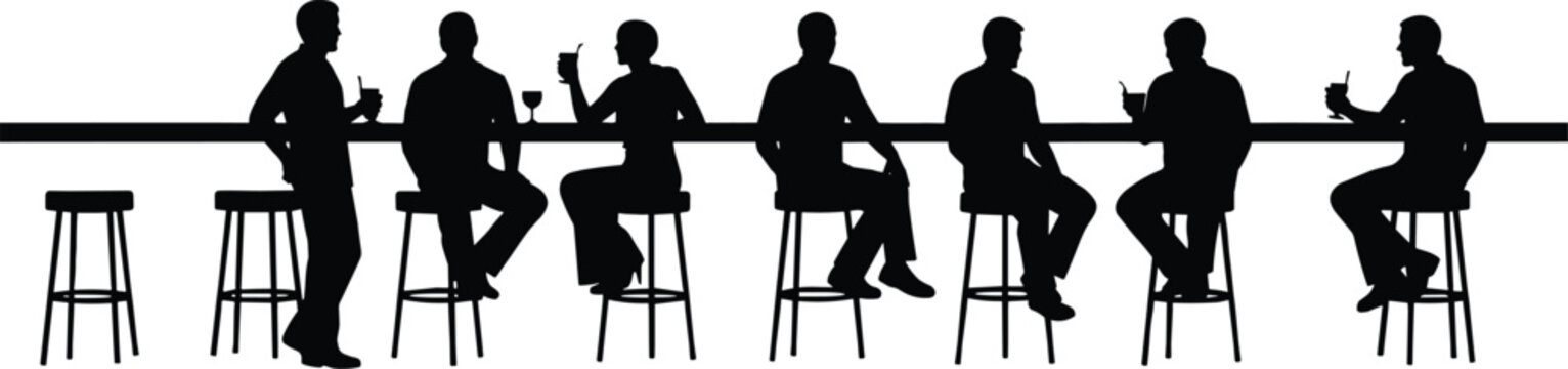 Silhouettes of people sitting and standing at a long bar counter with drinks on white background