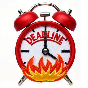 Embroidered patch of red alarm clock with "DEADLINE" and flames  