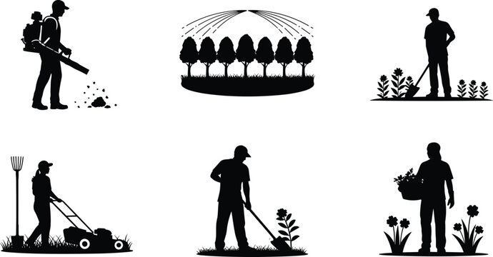 Silhouettes of gardeners and landscapers performing lawn maintenance, leaf blowing, irrigation, and flower planting