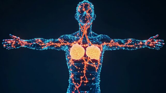 selective focus futuristic 3d holographic lymphatic system with glowing nodes