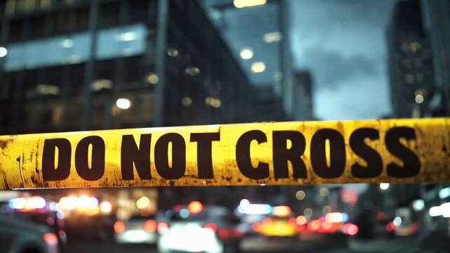 Yellow 'Do Not Cross' tape at a crime scene blocks a city street at night, creating a dramatic background for a police investigation or news report.