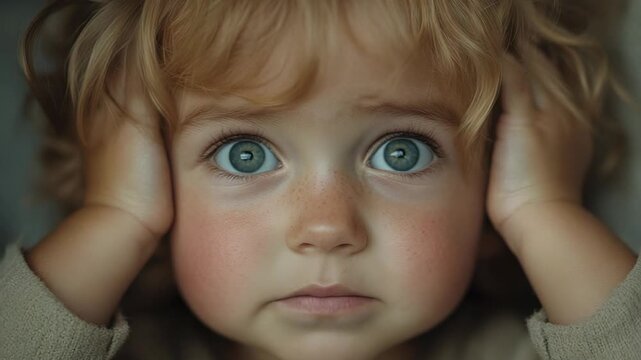selective focus startled child reacting to loud noise with fear and tension