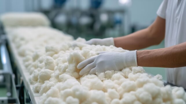 Detailed View of Hands Working with Cotton Bales on a Production Line in a Modern Textile Facility