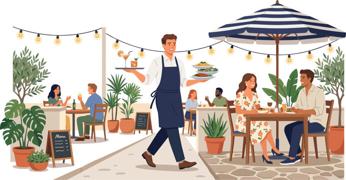 Outdoor caf&eacute; vector illustration with social dining