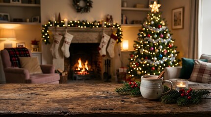 Fototapeta premium Cozy Christmas Living Room with Fireplace Decorated Tree and Hot Chocolate