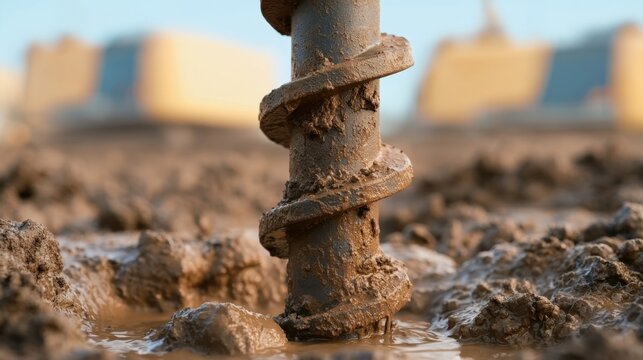 Close-Up Photograph of a Metal Auger Drilling into Wet Ground with Mud and Soil in a Construction Site Environment